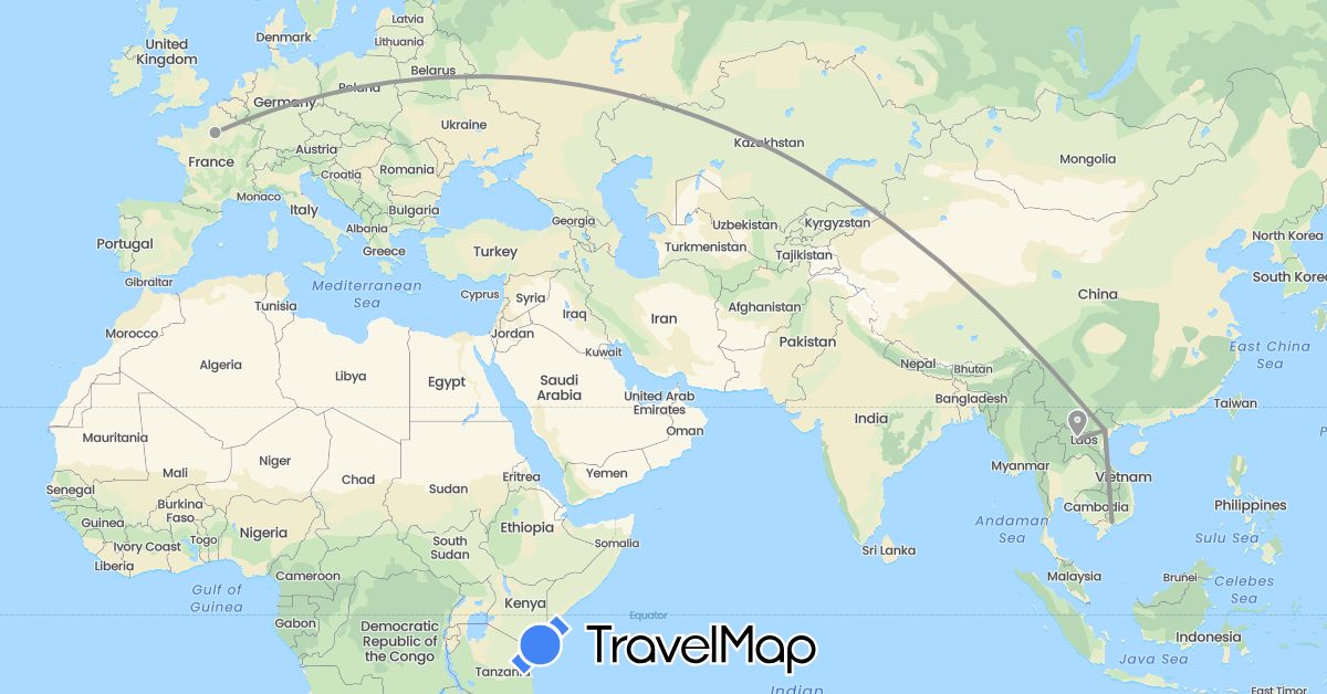 TravelMap itinerary: plane in France, Laos, Vietnam (Asia, Europe)